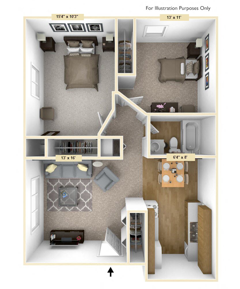 Floor plan for 2 beds, 1 bath, 715 sqft